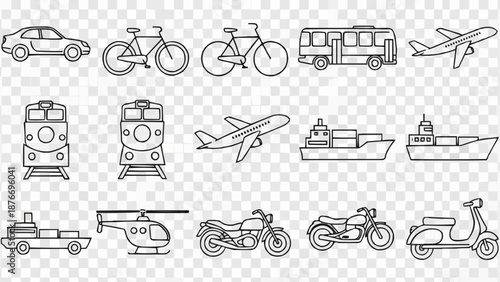 Collection of Transportation Icons in Line Art Style.