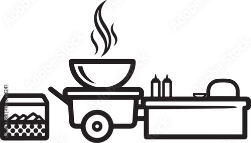 Simple illustration of food cart with steaming bowl on top