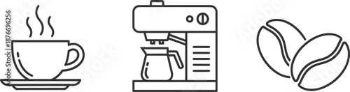 Coffee essentials: cup, espresso machine, and coffee beans in simple line art