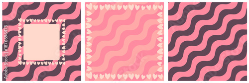 Pink Valentines day geometric wave and stripes background collection. Valentines day wave poster, social media post layout, quiz backdrop, square banner design template set