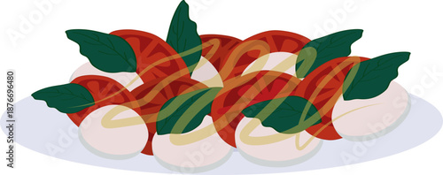 Minimalist flat vector illustration of a Caprese salad with tomato, mozzarella, and basil on a white plate, perfect for restaurant menus, recipe cards, and healthy eating graphics.
