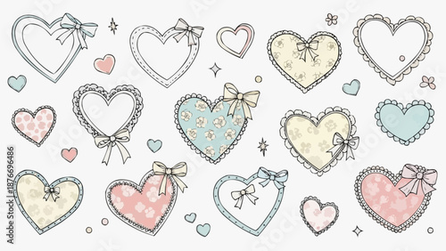 Collection of Hand Drawn Hearts with Ribbons and Lace.
