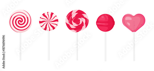  Different red lollipops set. Caramel candies vector illustration.