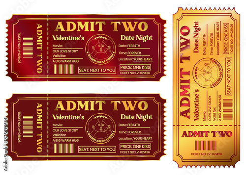 Romantic Valentine's Date Night Ticket Collection in a Luxury Gold and Red Admit Two. Love Voucher Set for Couples Cute Valentine's Day Movie Ticket Doodles and Gift Card Graphics.
