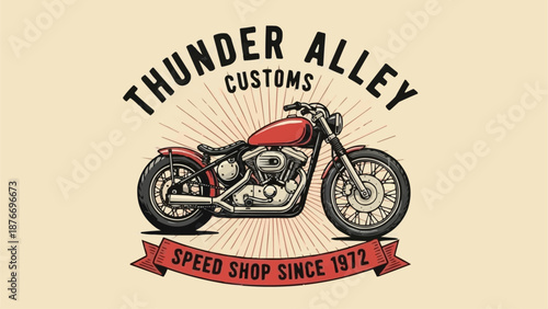 Vintage Red Motorcycle with Thunder Alley Customs Logo.