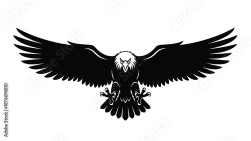Black eagle silhouette with fully outstretched wings is captured in a powerful symmetrical pose against a white background area.