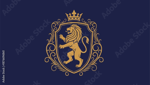 Golden Lion Emblem with Crown and Ornate Border.