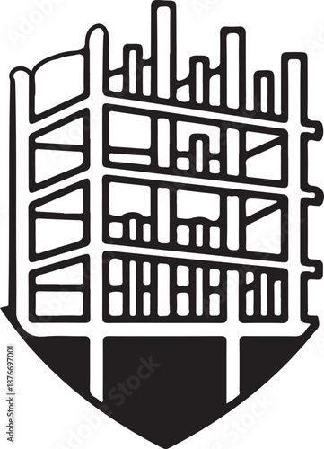 Shield with architectural design isolated on white background