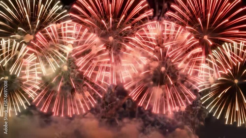 Vibrant New Year fireworks bursting in the dark night sky