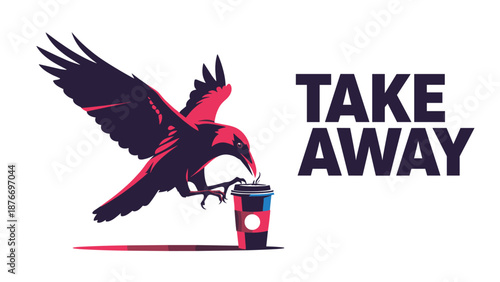 Stylized illustration of a large crow or raven flying towards a take away coffee cup with bold text on a plain white background.