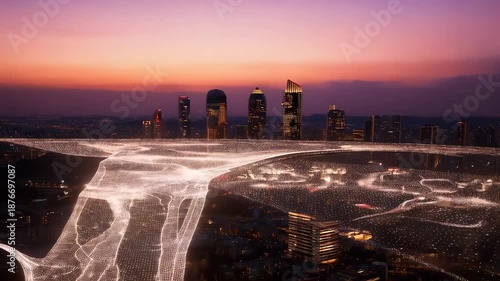 Futuristic Cityscape at Dusk with Glowing Network Patterns