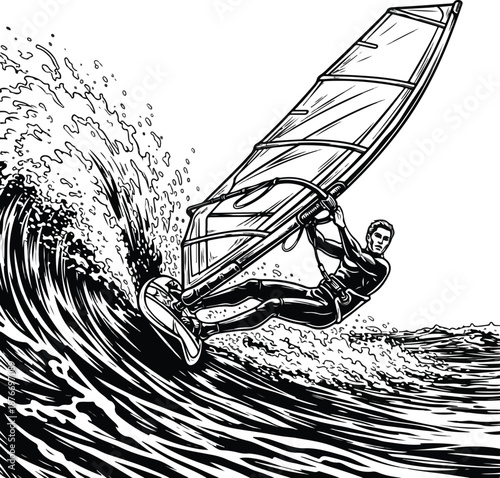Wind surfer riding ocean waves with vector sail
