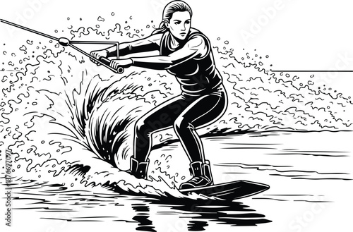 Vector illustration of a wakeboarder riding on a wave