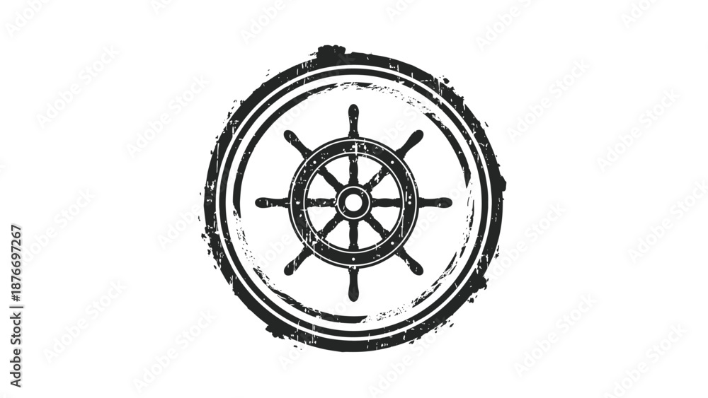 Fototapeta premium Grungy black stamp of a traditional ships steering wheel inside a circle with a worn and distressed texture on a white background.