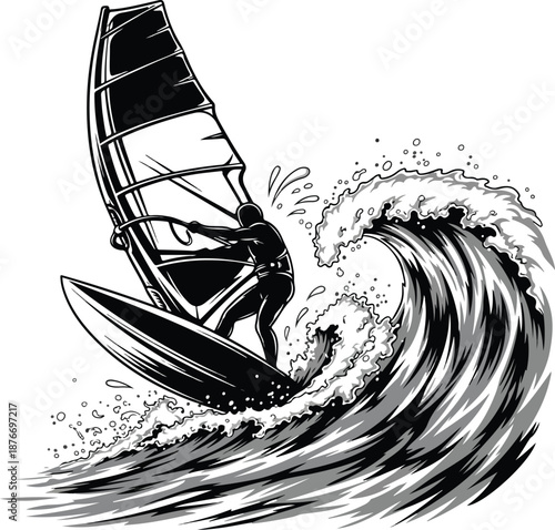Vector windsurfer riding ocean wave in stormy weather conditions
