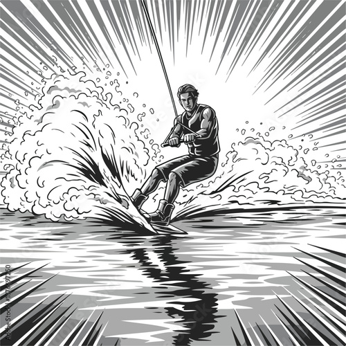 Vector surfing illustration man riding wave with dynamic motion lines