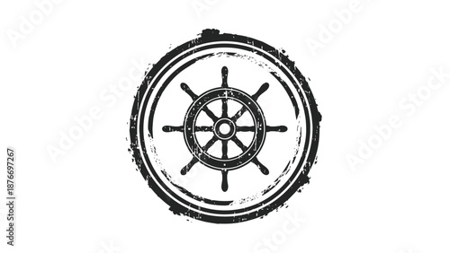 Grungy black stamp of a traditional ships steering wheel inside a circle with a worn and distressed texture on a white background.