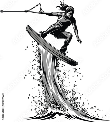 Vector illustration of a wakeboarder in action on a wakeboard