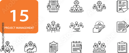 Collection of simple line icons representing project management concepts and tools
