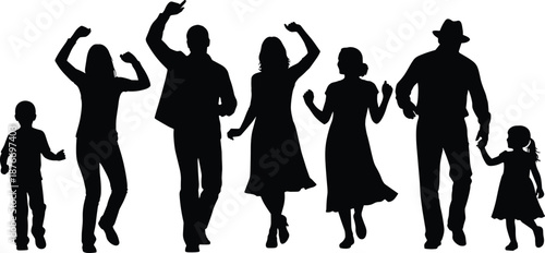 Black and White Vector Silhouette Set of a Happy Diverse Family Including Parents Children and Grandparents Dancing and Walking Isolated on a White Background