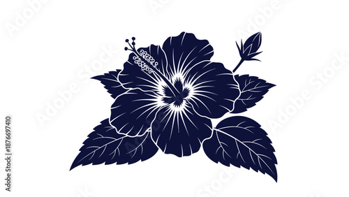 Detailed dark blue silhouette of a hibiscus flower with its leaves and a single unopened bud on a plain white background design.