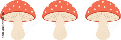 Cute red spotted mushroom illustration set in flat style for nature, forest, and whimsical design projects