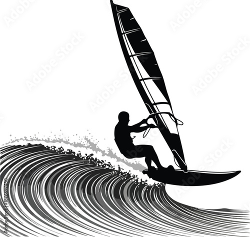 Vector windsurfing illustration man riding wave on surfboard with sail