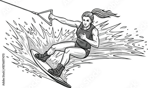Vector illustration of a woman wakeboarding with dynamic movement