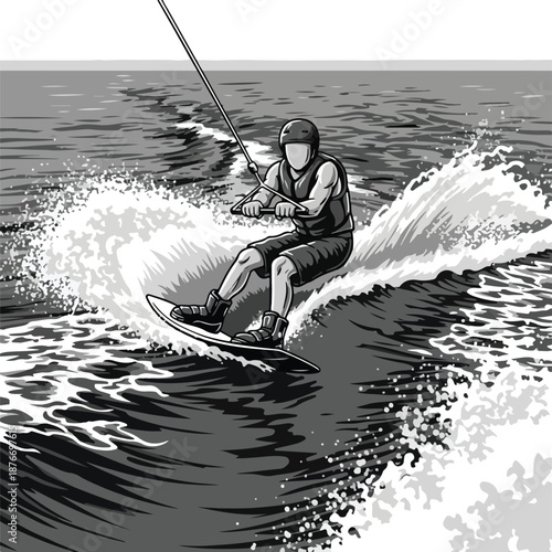 Vector illustration of two people wakeboarding on a lake