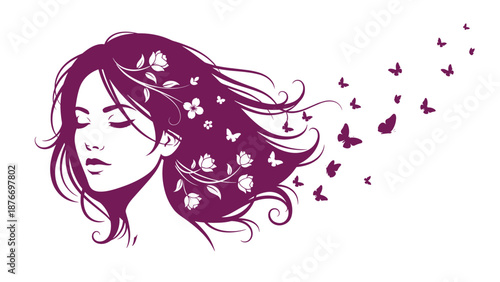 Stylized purple silhouette of a woman with closed eyes and beautiful flowers and butterflies woven into her long flowing hair style.
