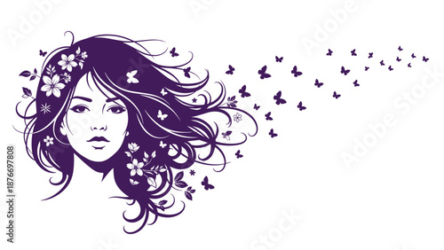 Artistic purple silhouette of a woman's profile with her long flowing hair transforming into a large group of flying butterflies.