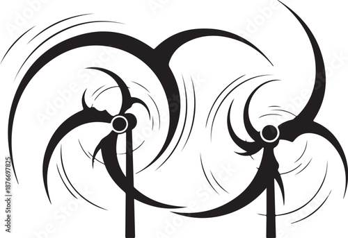 Black Wind Turbines with Blurred Motion on White Background