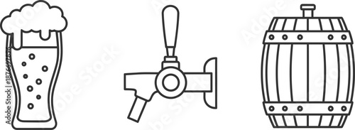 Beer glass, tap handle, and barrel illustration on white background