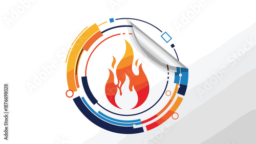 Dynamic fire flame logo centered within a circular graphic featuring colorful segments and a creative peeling sticker visual effect.