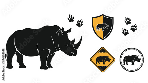 Black silhouette of a rhinoceros shown alongside various security and warning icons in a bold black and yellow color scheme design.