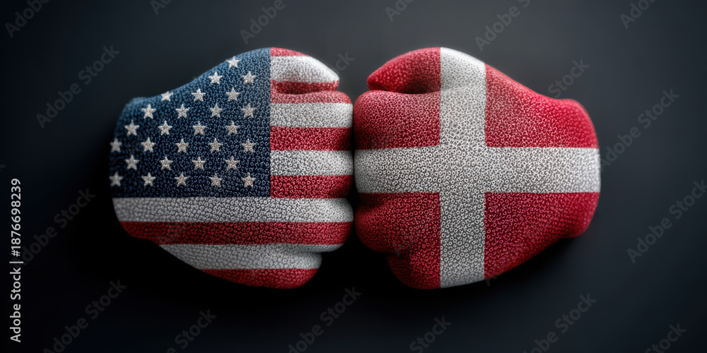 Obraz premium Conceptual image of geopolitical tension between United States and Denmark showing two boxing gloves with national flags facing off symbolizing conflict over Greenland and Arctic strategy