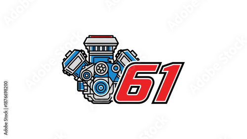 V8 Engine Racing Number 61 Icon - Automotive Power Speed  Mechanic Symbol Graphic.