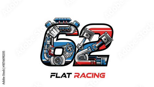 62 Flat Racing Logo Design with Engine Components - Automotive Performance Speed.