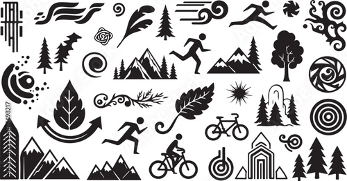 Outdoor Adventure Icons and Nature Symbols in Black White