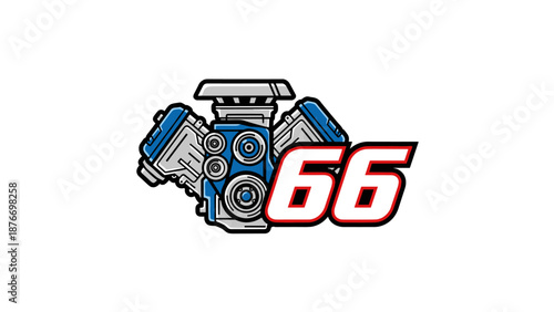 Racing V-Engine 66 Logo Emblem - Automotive Performance Speed Mechanic Garage.