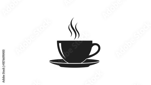 Simple black silhouette of a steaming coffee cup and saucer is positioned centrally against a clean white background area.