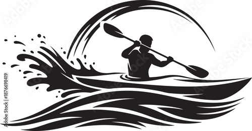 Kayaker Paddling Through Splashing Waves in Black Silhouette Style