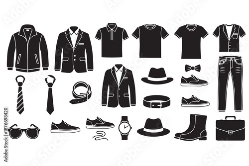 Men's Fashion and Accessories Icon Set: Clothing, Shoes, and Grooming Vector Silhouettes