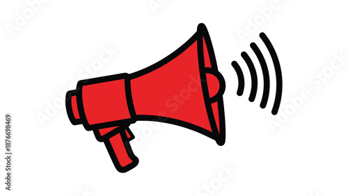 Red megaphone icon with black outlines emits sound waves symbolizing announcement, marketing, or communication on a white background.