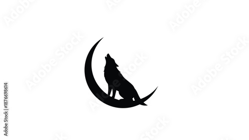 Black silhouette of a wolf howling at the crescent moon is displayed in a minimalist centered composition on a white background.