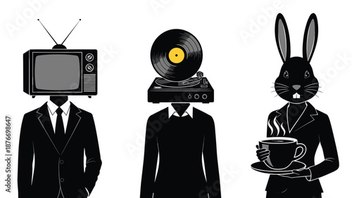 Surreal characters with objects for heads including a television, record player, and rabbit head are wearing formal suits together.