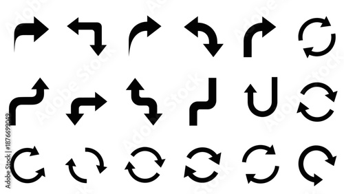 Set of Diverse Curved Black Arrow and Refresh Icons for UI Design, isolated white background