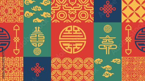 Vibrant patchwork pattern of traditional Chinese symbols and cultural motifs, including lucky knots, auspicious clouds, and 'Fu' characters, in colorful square tiles.