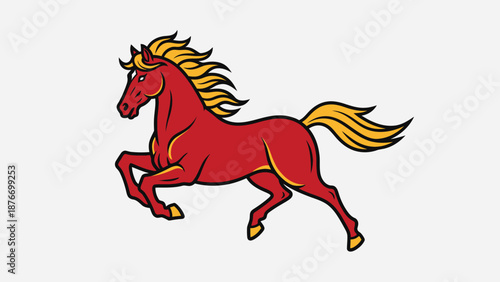 Energetic red horse with vibrant yellow mane and tail, depicted in a dynamic running pose, on a light gray background.