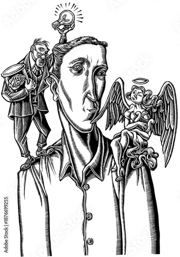 white man with angel and philosopher on shoulders